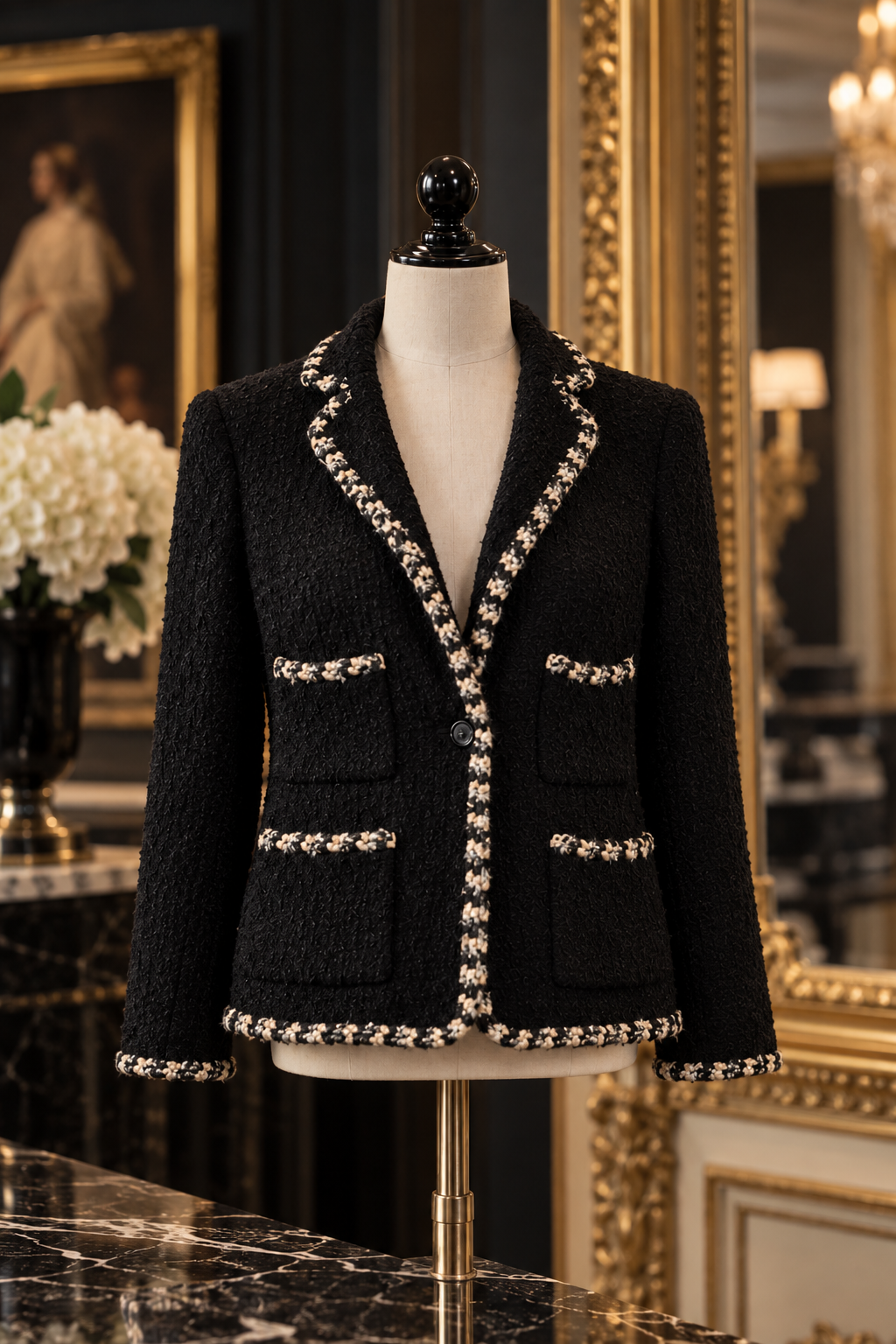Zwart couturejasje op een mannequin in een elegant interieur.