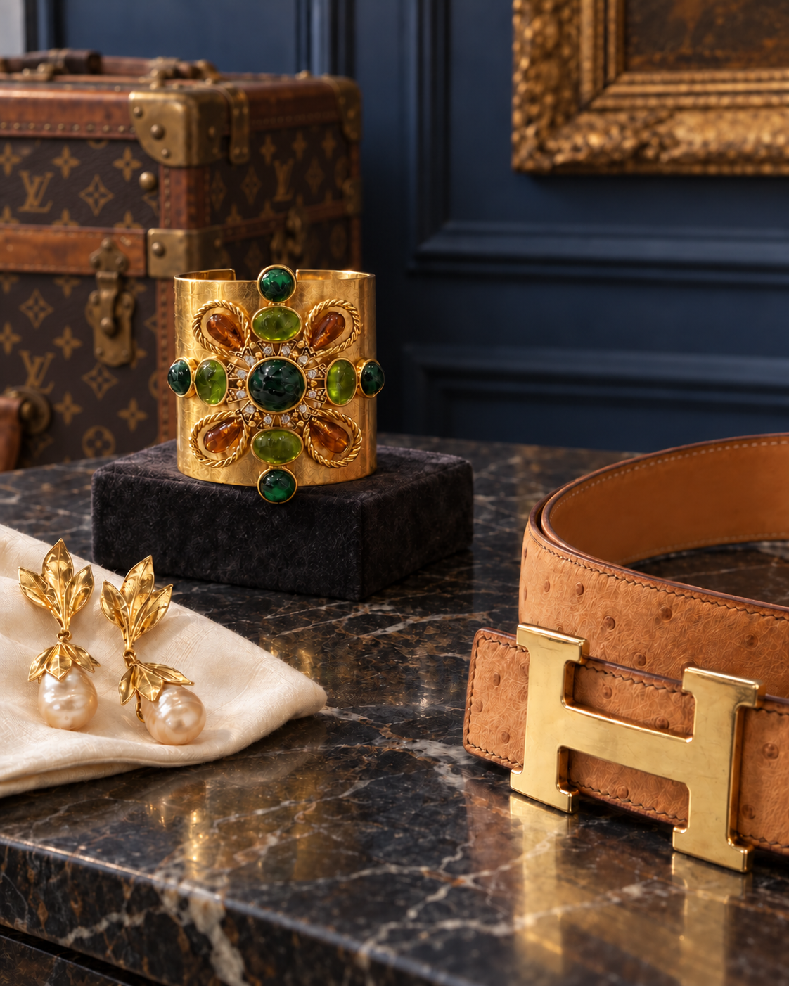 Redactioneel stilleven met luxe-modeaccessoires en sieraden in een donkerblauw interieur.